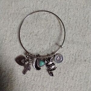 Silvertone wisdom owl faux turquoise feather heart cross charm bracelet